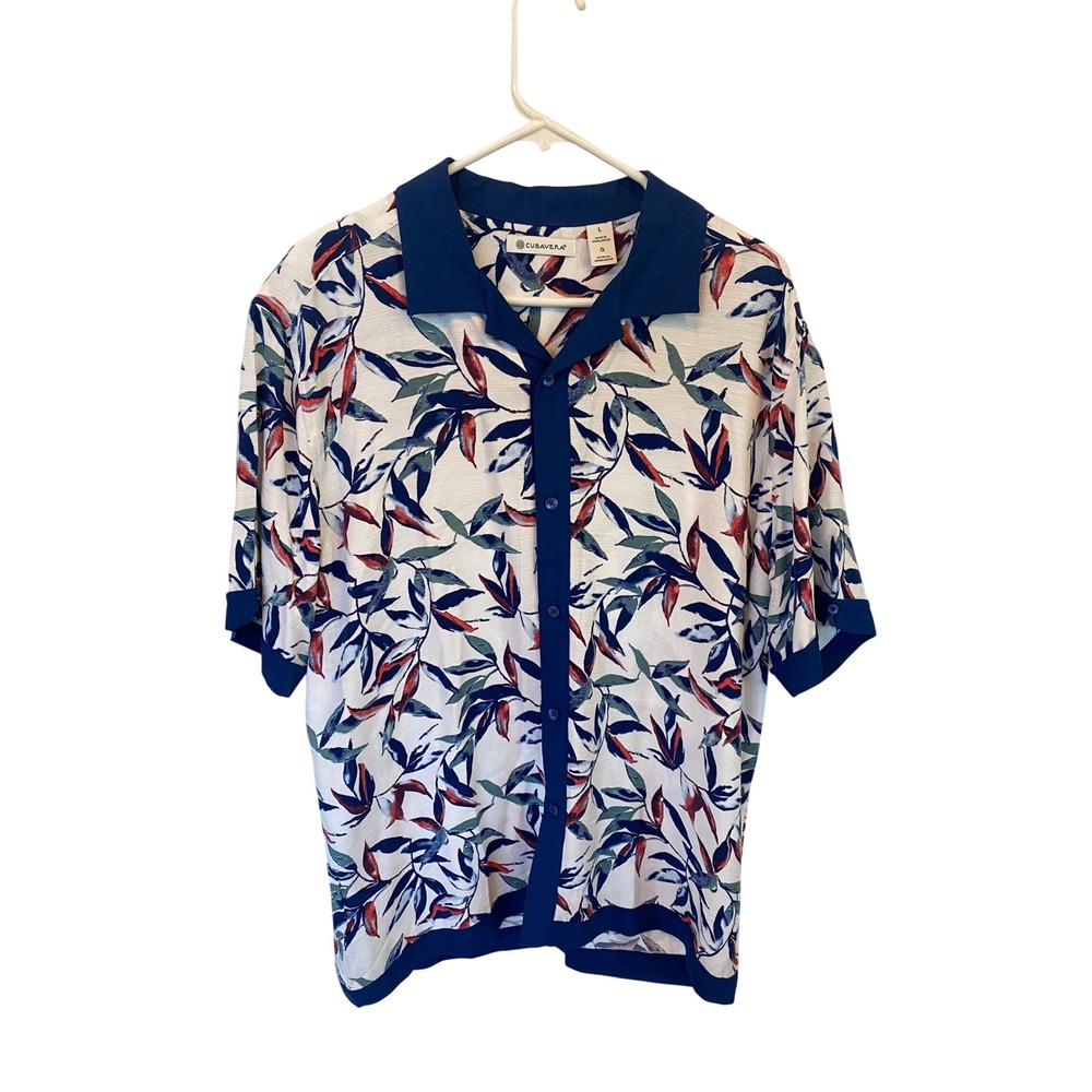 CUBAVERRA Mens Large Button Up Short Sleeve‎ Leaf AOP Resort Shirt Hawaiian Camp